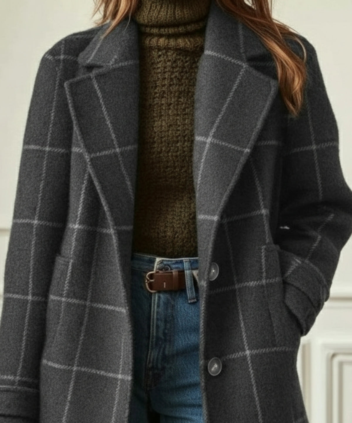 Women’s Wool Blend Check Coat with Lapel Collar Stylish Winter Outerwear 4