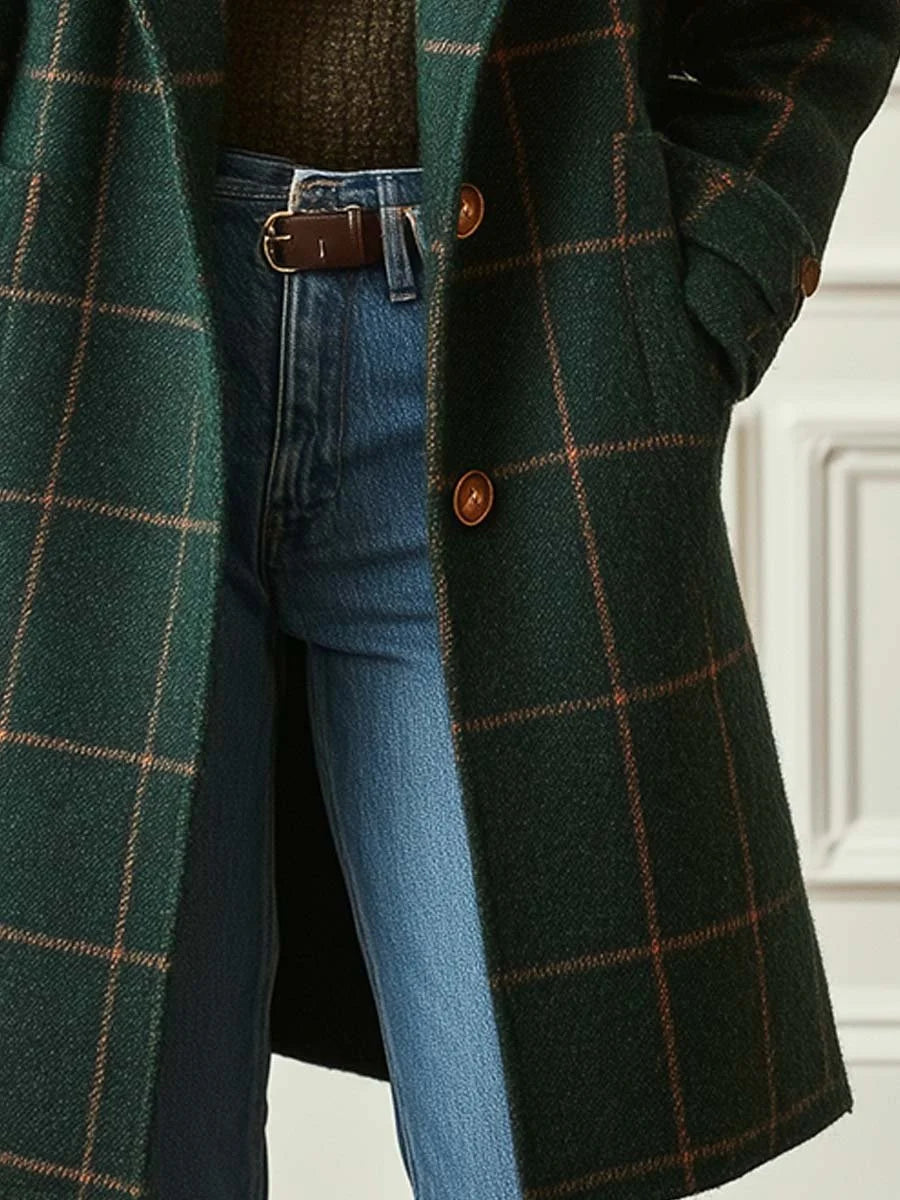 Women’s Wool Blend Check Coat with Lapel Collar Stylish Winter Outerwear 5