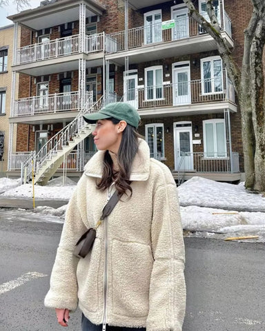 Women's Fluffy Zip-Up Jacket with Stand Collar in Beige