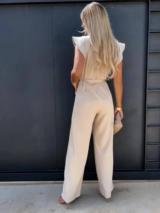 Women's Jumpsuit with Ruffled Sleeves and Tie Waist in Beige