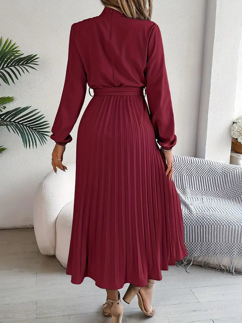 Women's Pleated Midi Dress with Stand Collar and Tie Belt in Burgundy
