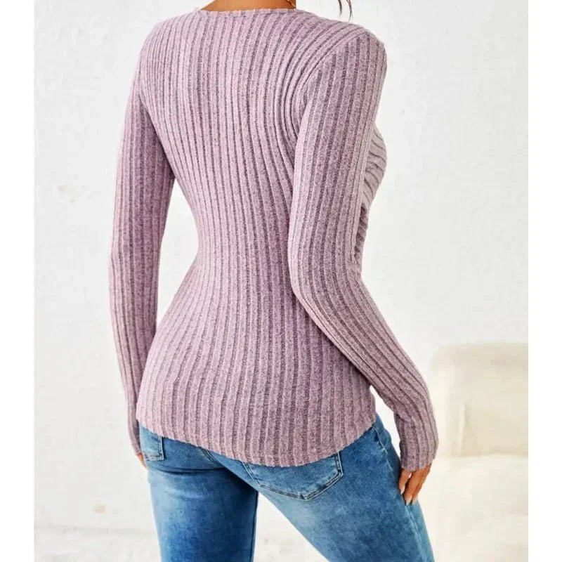 Women's Wrap V-Neck Top in Ribbed Knit with Side Buttons in Purple