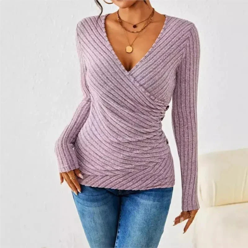 Women's Wrap V-Neck Top in Ribbed Knit with Side Buttons in Purple