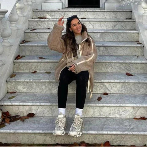 Women's Fluffy Zip-Up Jacket with Stand Collar in Beige