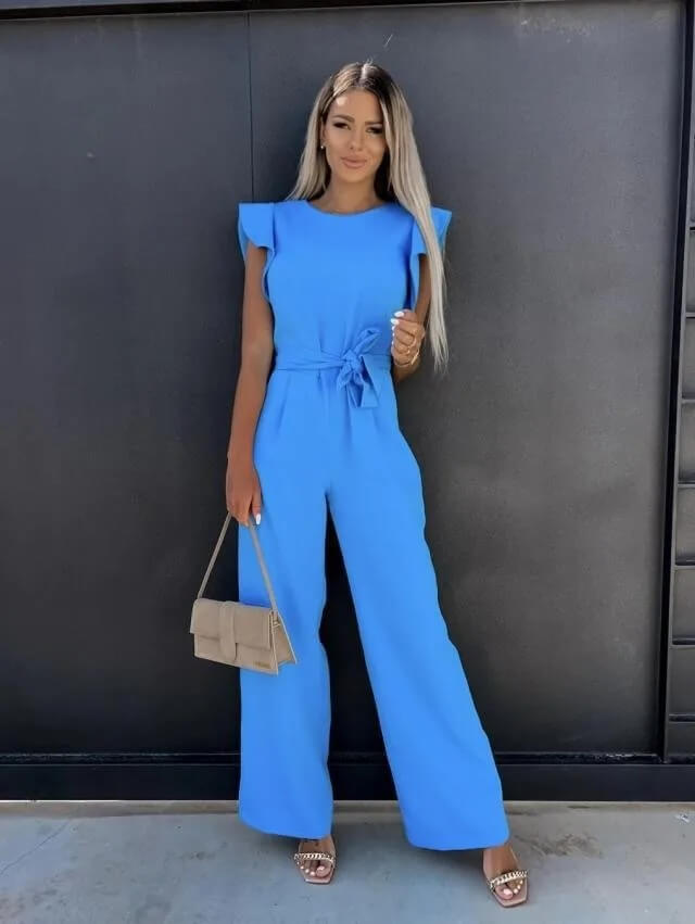 Women's Jumpsuit with Ruffled Sleeves and Tie Waist in Blue