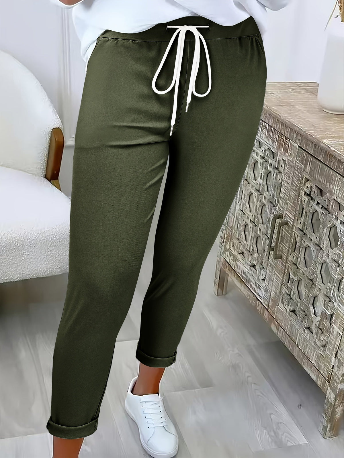 Women's Joggers with Tie Waist and Turn-Up Cuffs in Olive