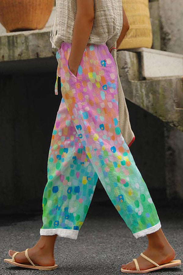 Women's 7/8 Wide-Leg Trousers with a Tie Waist in Pink-Green