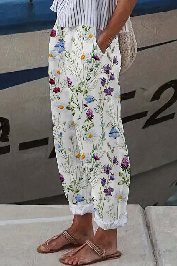 Women's 7/8 Wide-Leg Trousers with a Tie Waist in White-Lilac