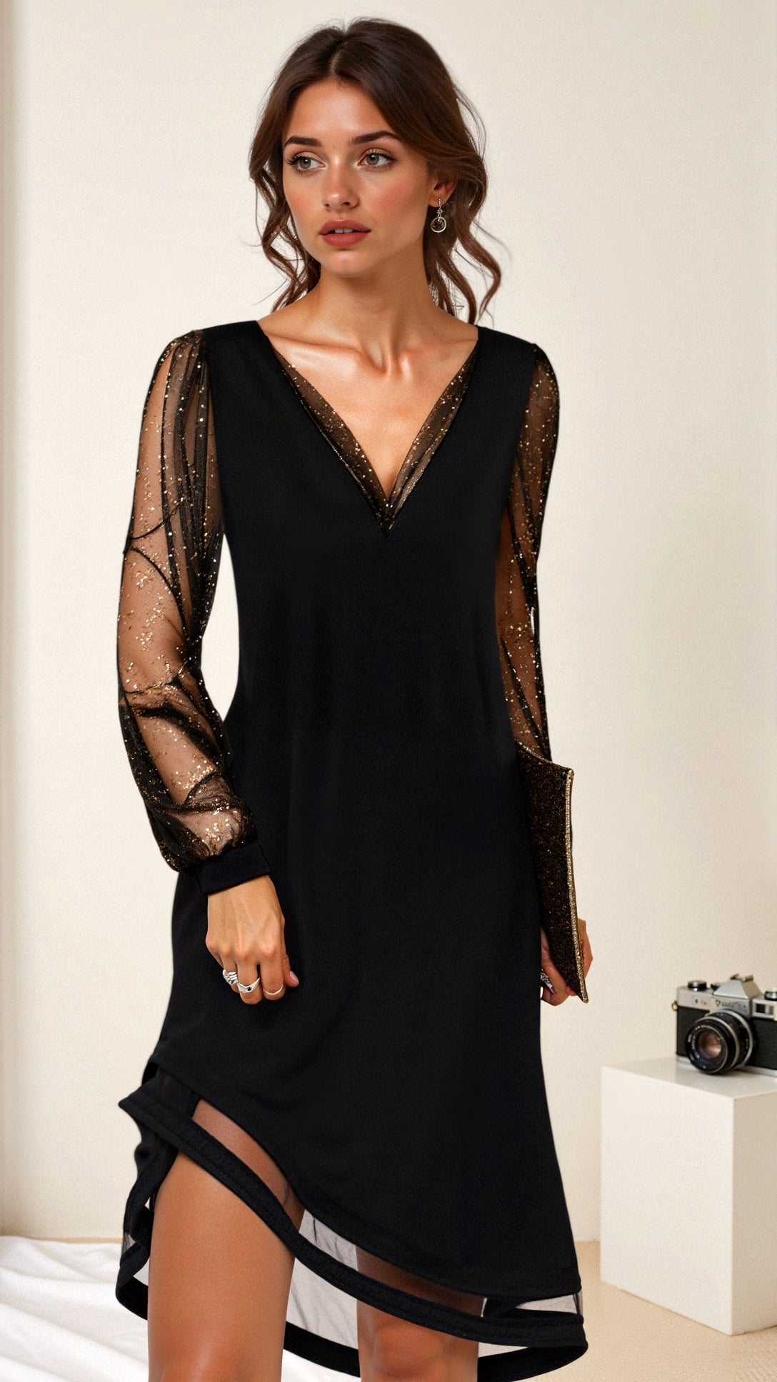 Women's Black V-Neck Dress with Sheer Tulle Sleeves in Black