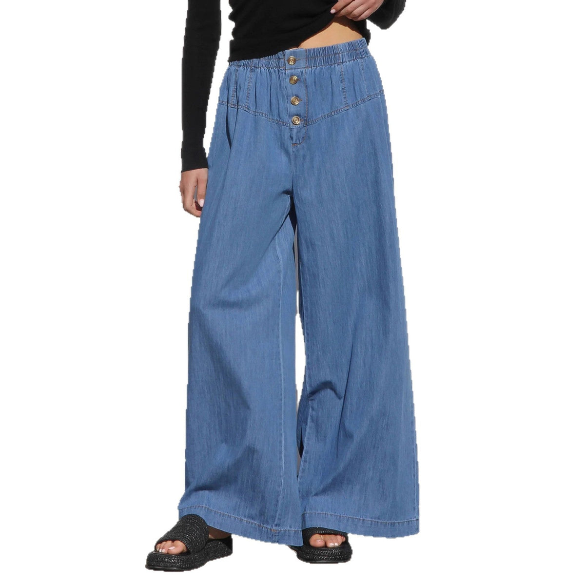 Women's Blue Wide-Leg High-Waist Jeans with Gold Buttons in Blue