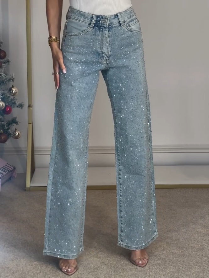 Women's Blue Wide-Leg Jeans with Sparkling Rhinestones in Blue