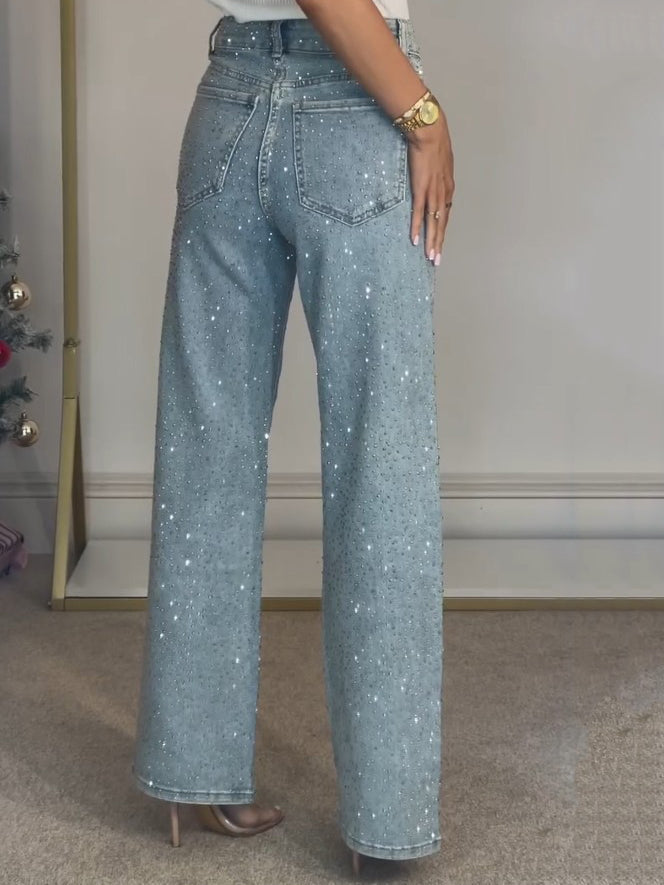 Women's Blue Wide-Leg Jeans with Sparkling Rhinestones in Blue