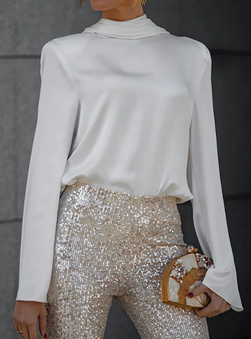 Women's Open-Back Blouse with Draped Detail, Long Sleeves in White
