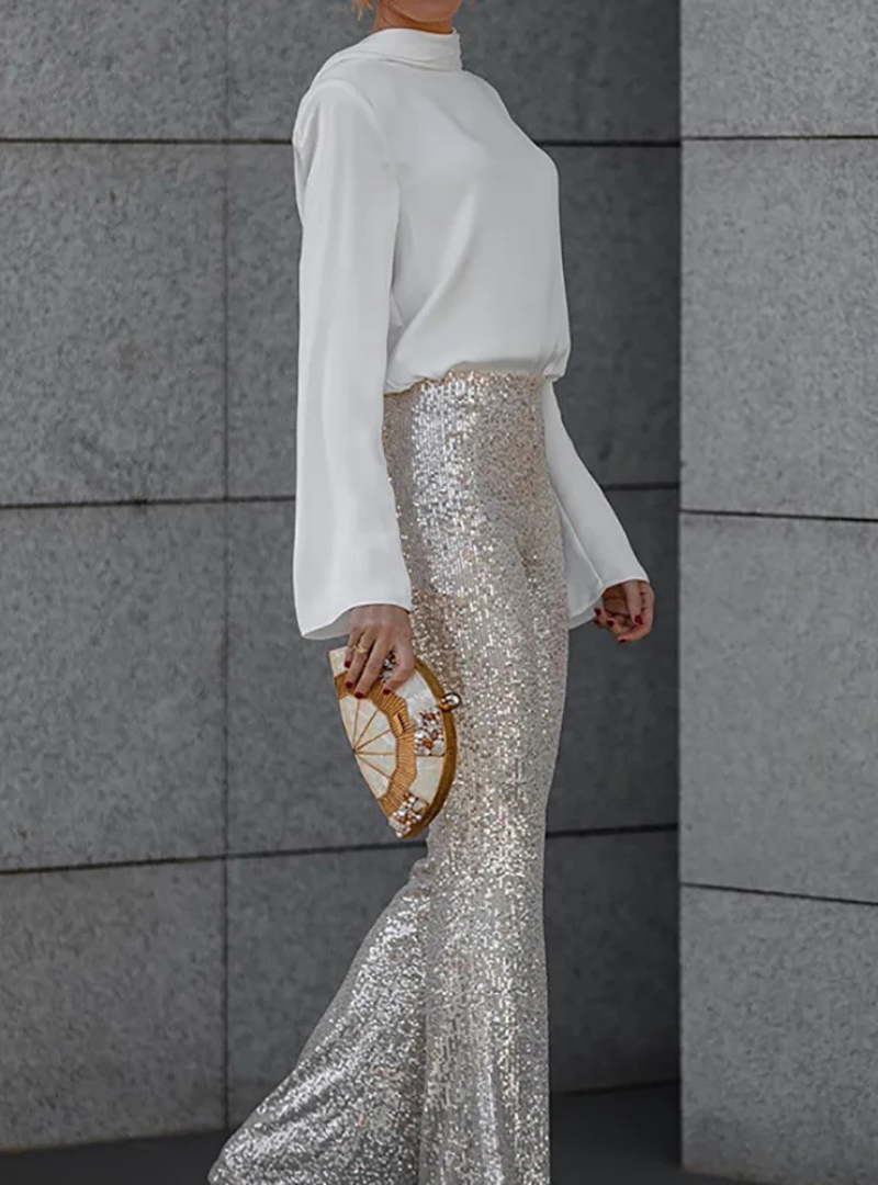 Women's Open-Back Blouse with Draped Detail, Long Sleeves in White