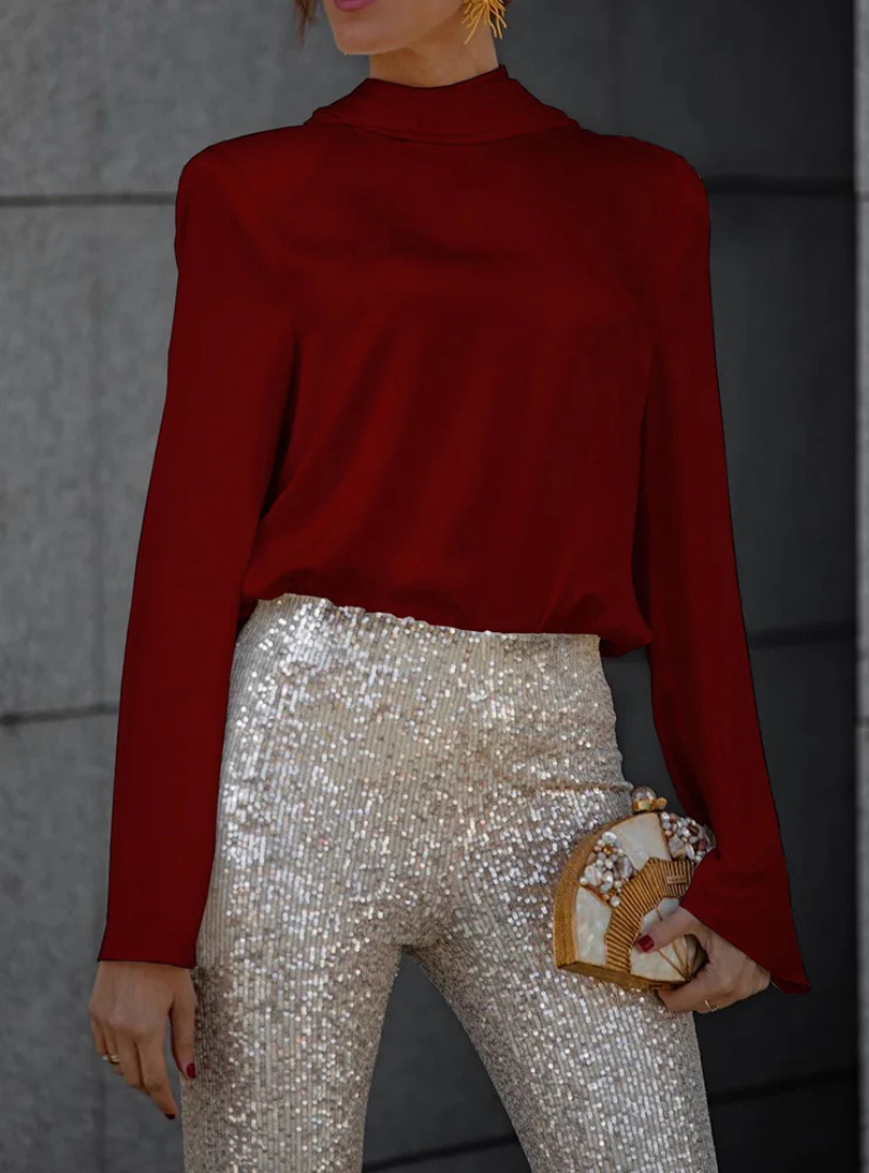 Women's Open-Back Blouse with Draped Detail, Long Sleeves in Wine Red