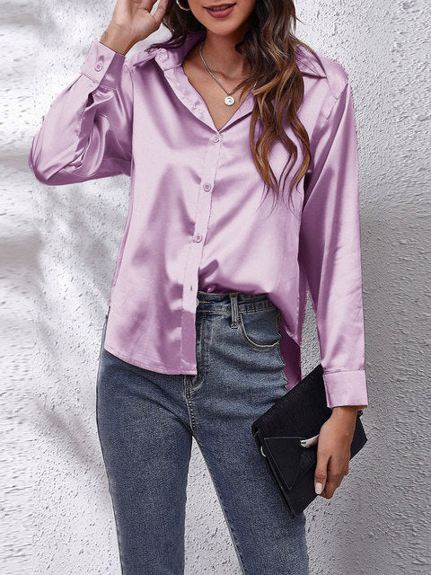 Women's Button-Up Shirt with Collar and Sheen Finish in Purple