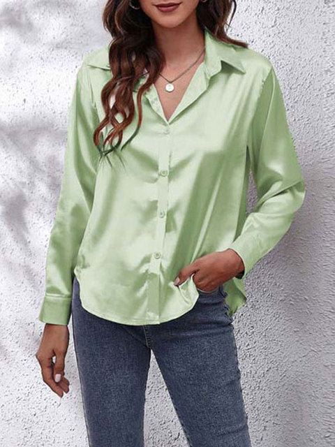 Women's Button-Up Shirt with Collar and Sheen Finish in Light Green