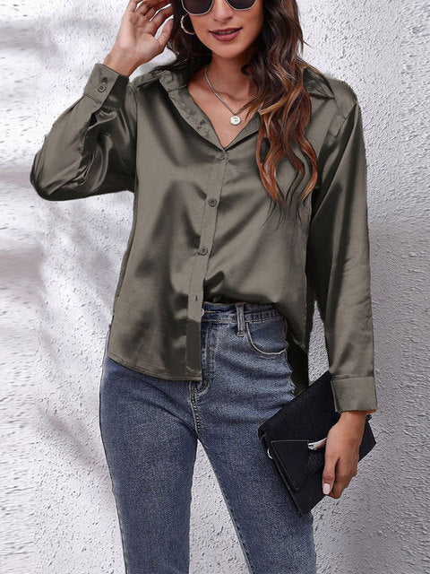Women's Button-Up Shirt with Collar and Sheen Finish in Dark Grey