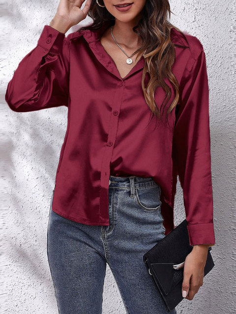 Women's Button-Up Shirt with Collar and Sheen Finish in Burgundy