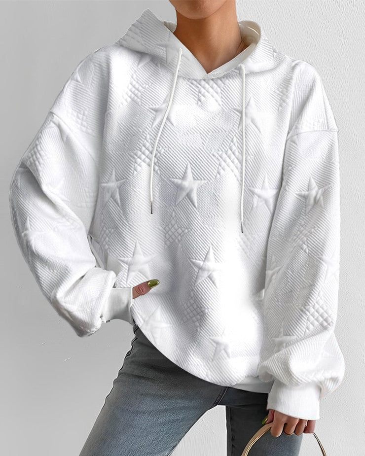 Women's Embossed Star Pattern Hoodie, Relaxed Fit in White