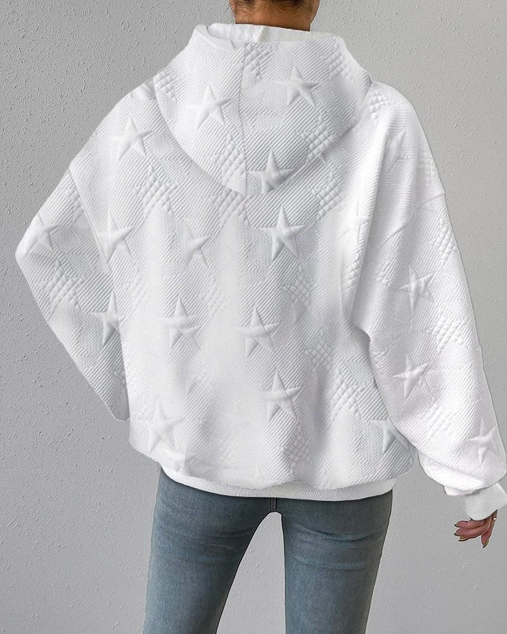 Women's Embossed Star Pattern Hoodie, Relaxed Fit in White