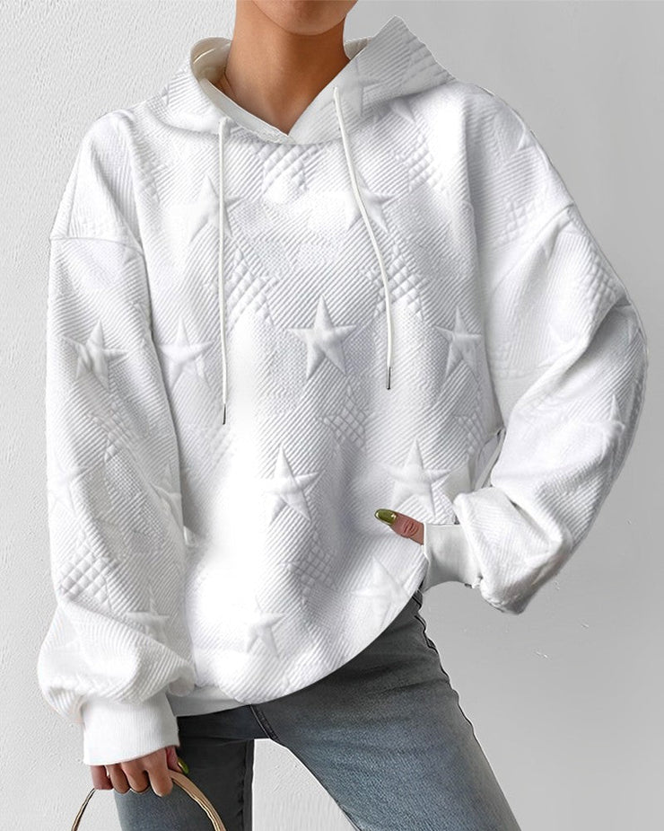Women's Embossed Star Pattern Hoodie, Relaxed Fit in White