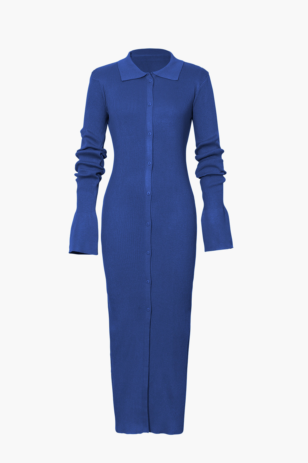 Women's Ribbed Knit Maxi Dress with Polo Collar and Button Front in Navy