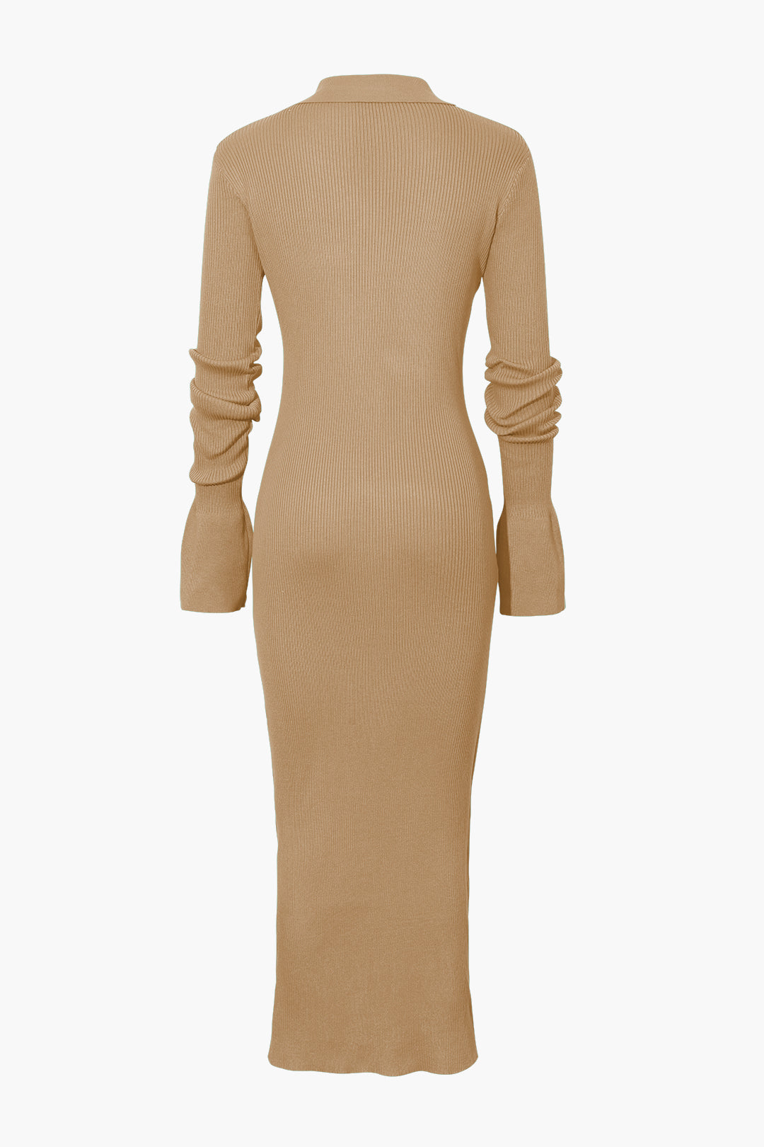 Women's Ribbed Knit Maxi Dress with Polo Collar and Button Front in Khaki