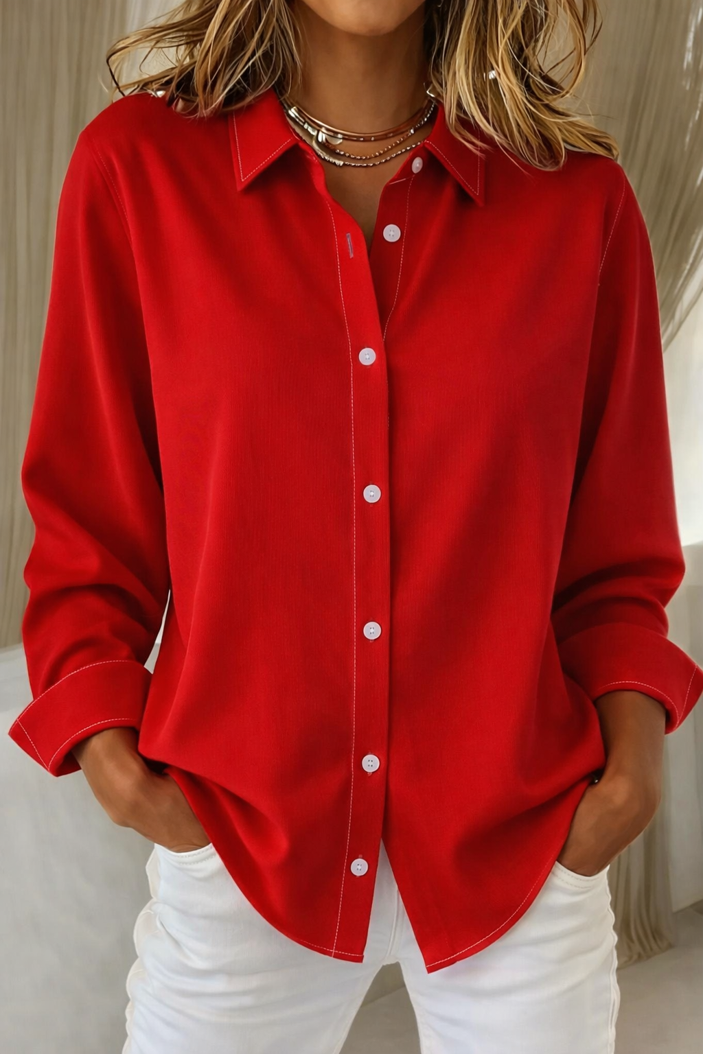 Women's Classic Collared Shirt with Full-Length Button Front in Red