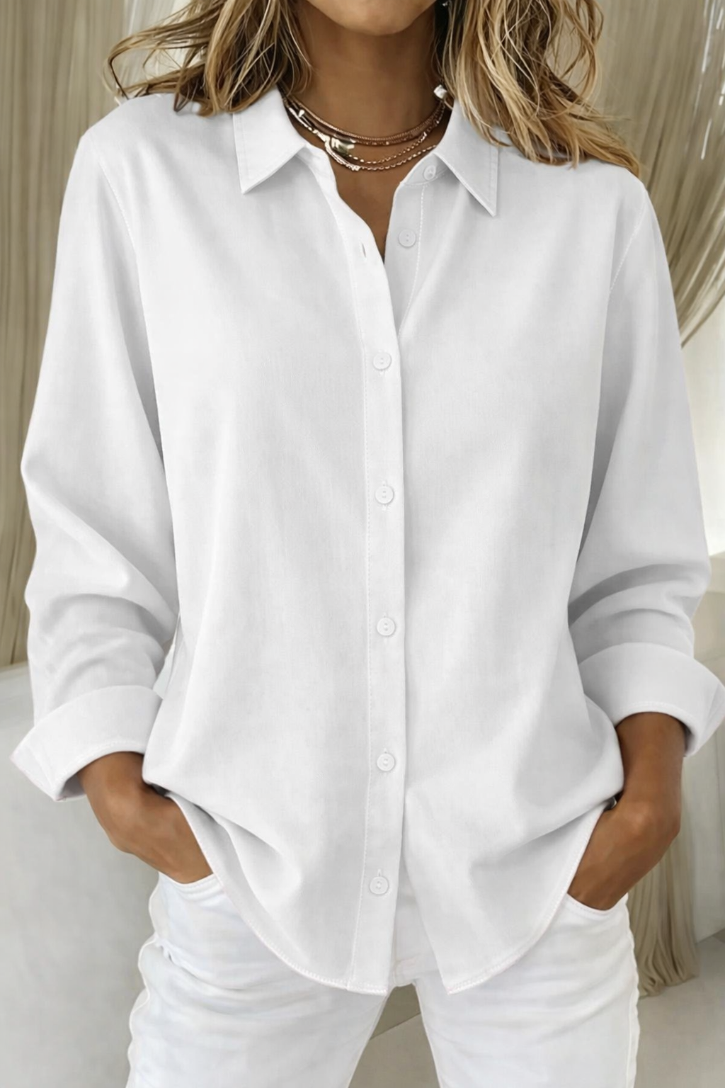 Women's Classic Collared Shirt with Full-Length Button Front in White