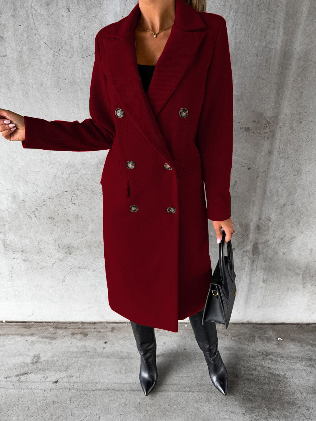 Women's Double-Breasted Coat with Lapels, Below-Knee Length in Red