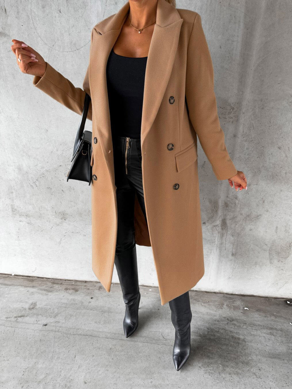 Women's Double-Breasted Coat with Lapels, Below-Knee Length in Khaki