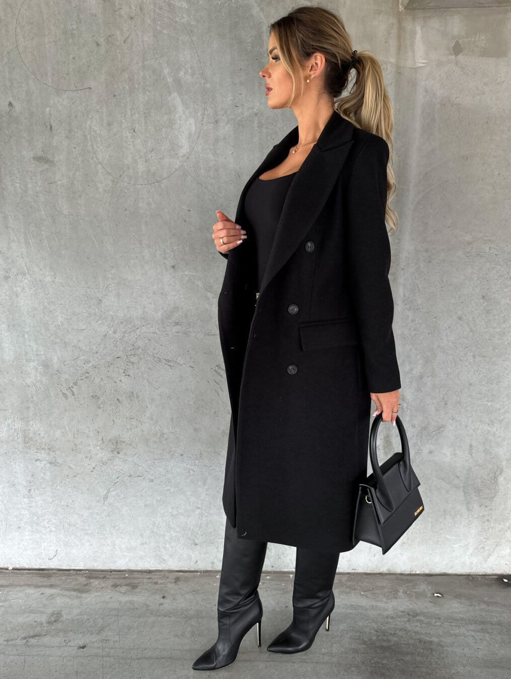 Women's Double-Breasted Coat with Lapels, Below-Knee Length in Black