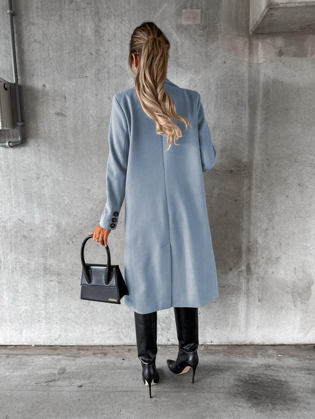 Women's Double-Breasted Coat with Lapels, Below-Knee Length in Blue