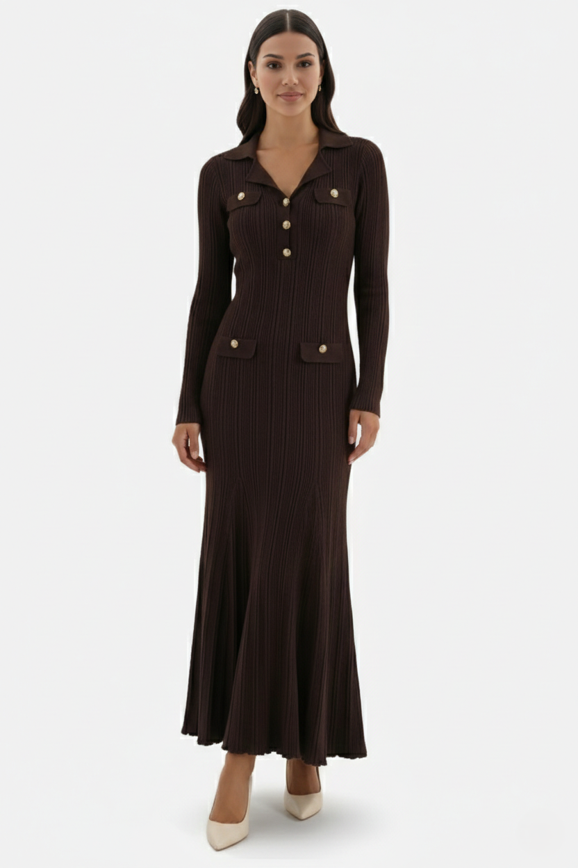 Women's Coffee Maxi Dress with Polo Collar and Flap Pockets in Coffee