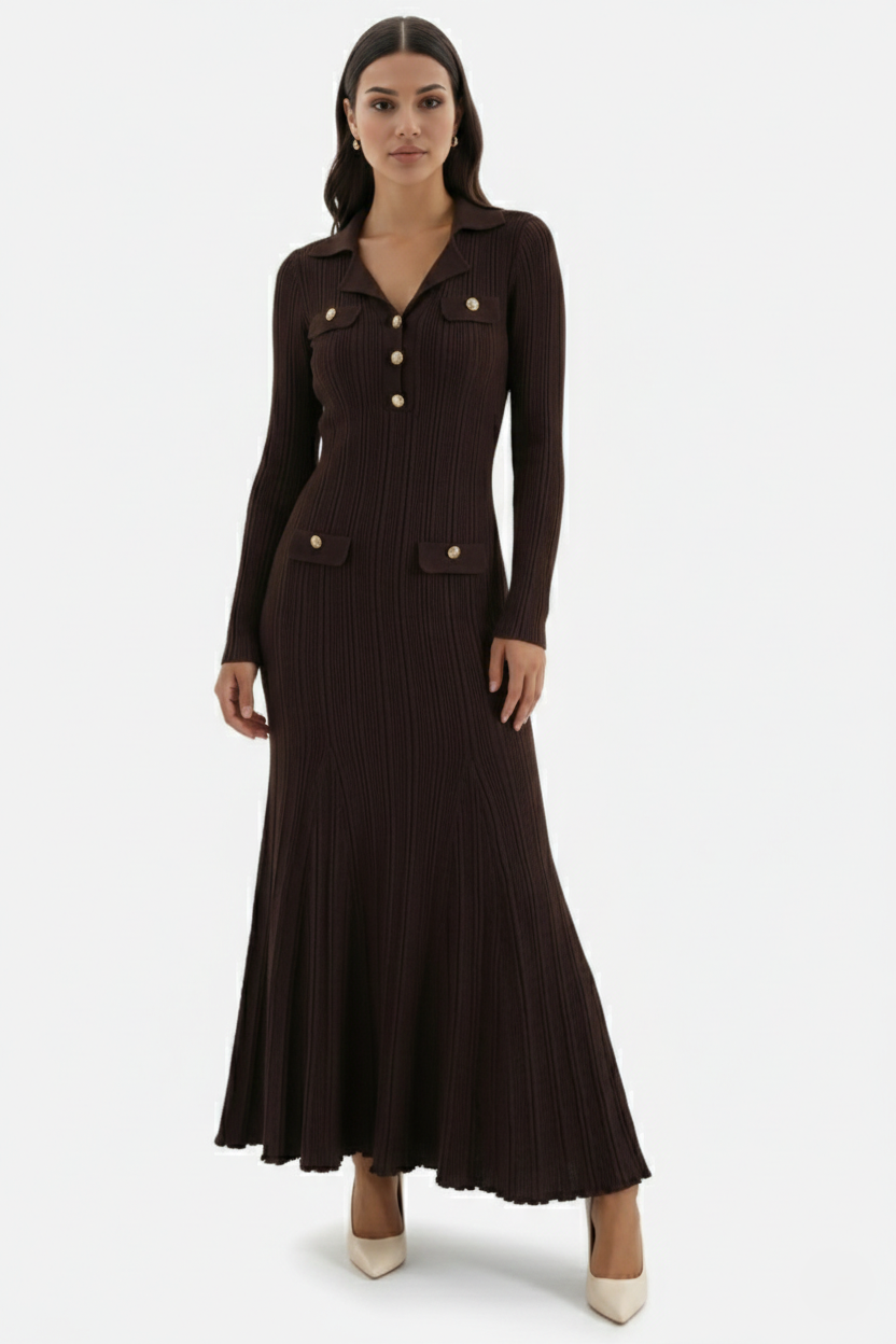 Women's Coffee Maxi Dress with Polo Collar and Flap Pockets in Coffee