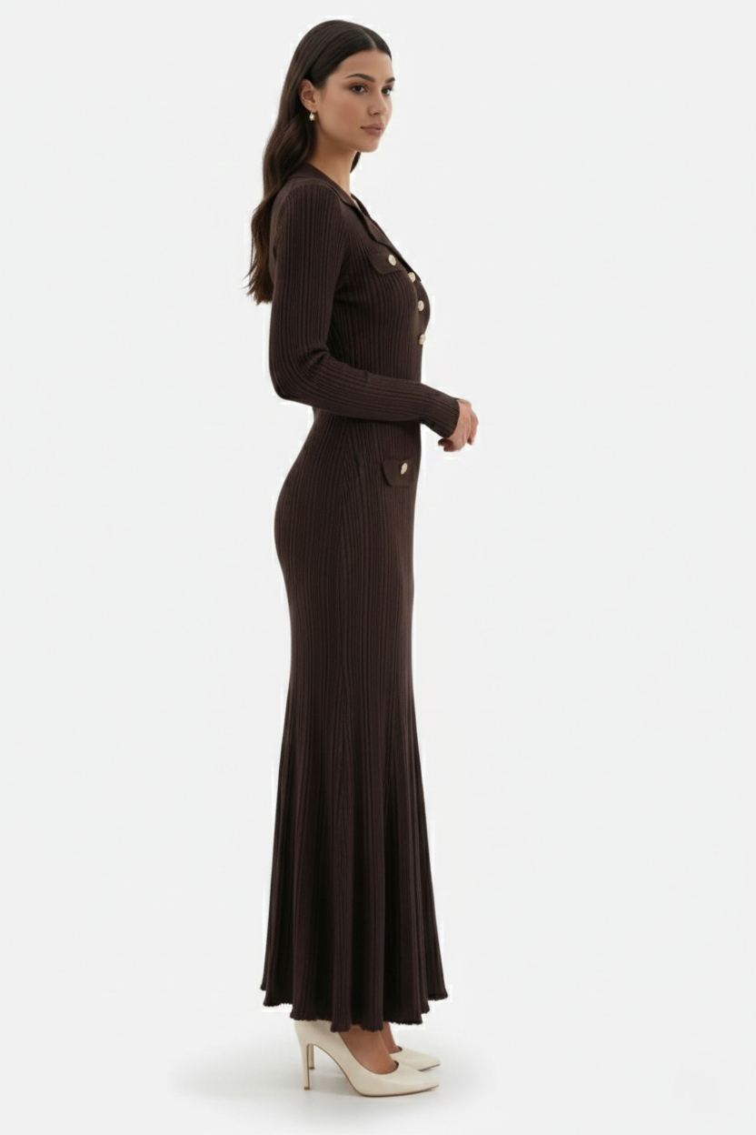 Women's Coffee Maxi Dress with Polo Collar and Flap Pockets in Coffee