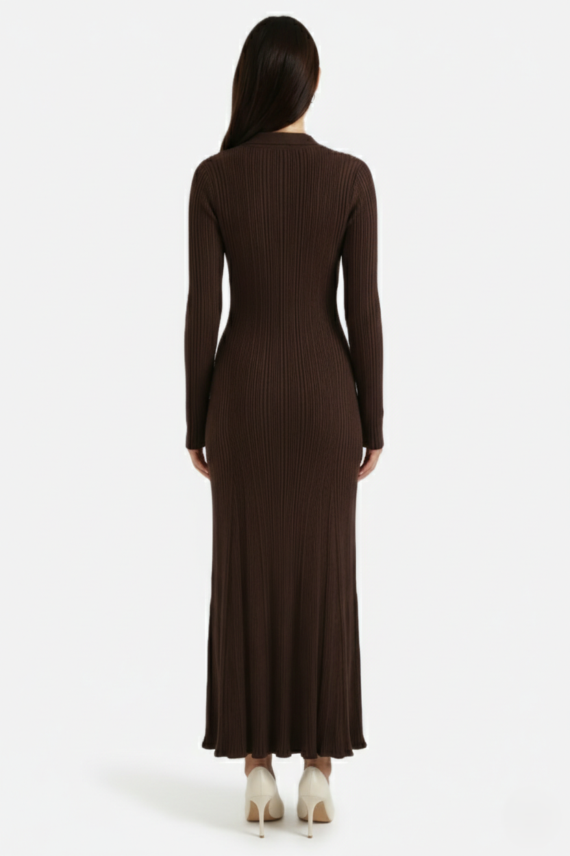 Women's Coffee Maxi Dress with Polo Collar and Flap Pockets in Coffee