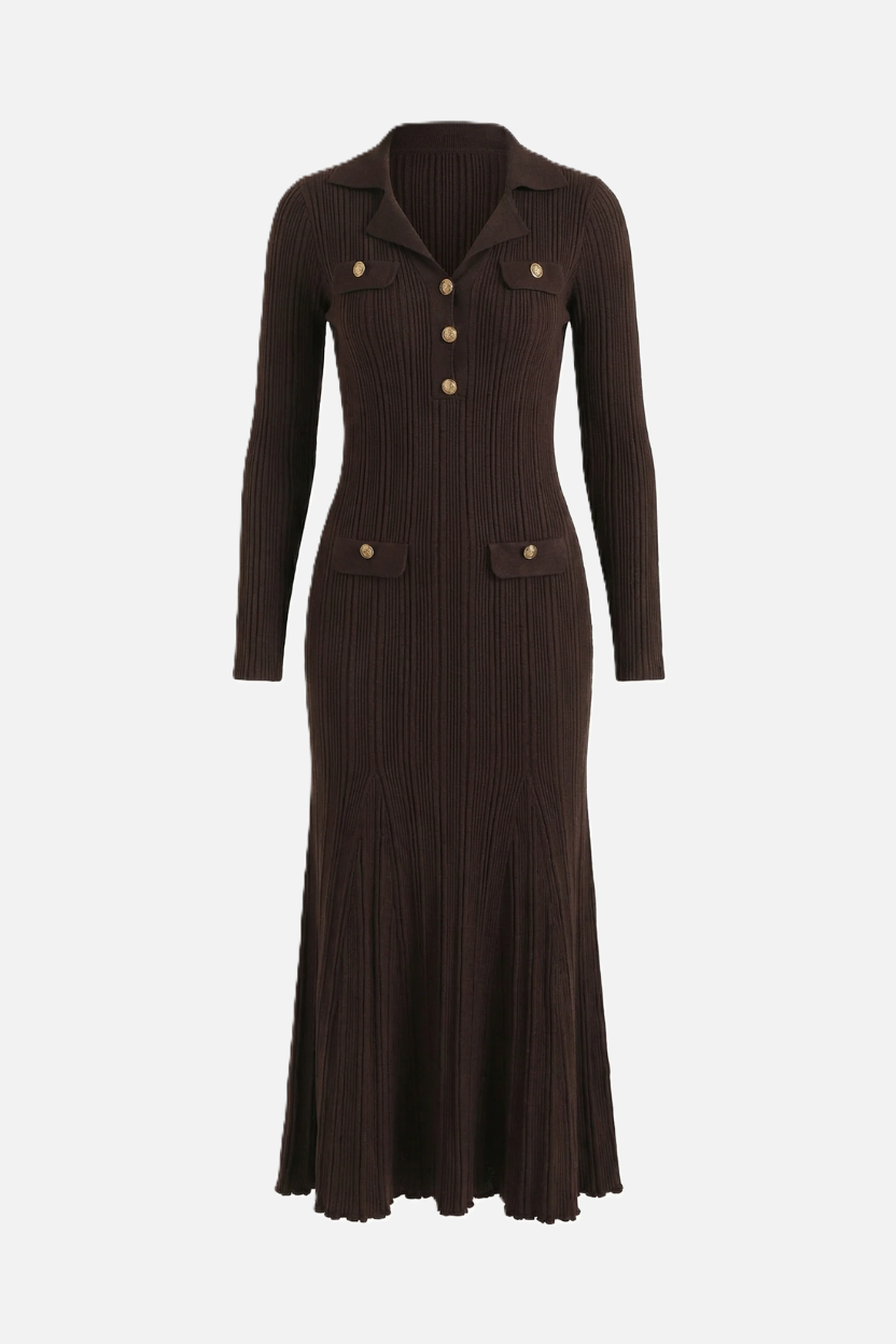 Women's Coffee Maxi Dress with Polo Collar and Flap Pockets in Coffee