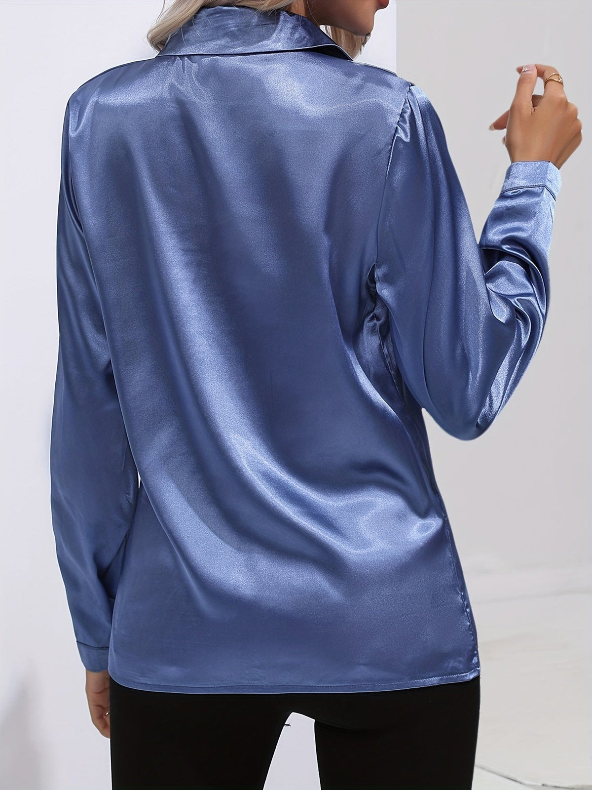 Women's Collared Shirt with Long Sleeves and Concealed Placket in Blue