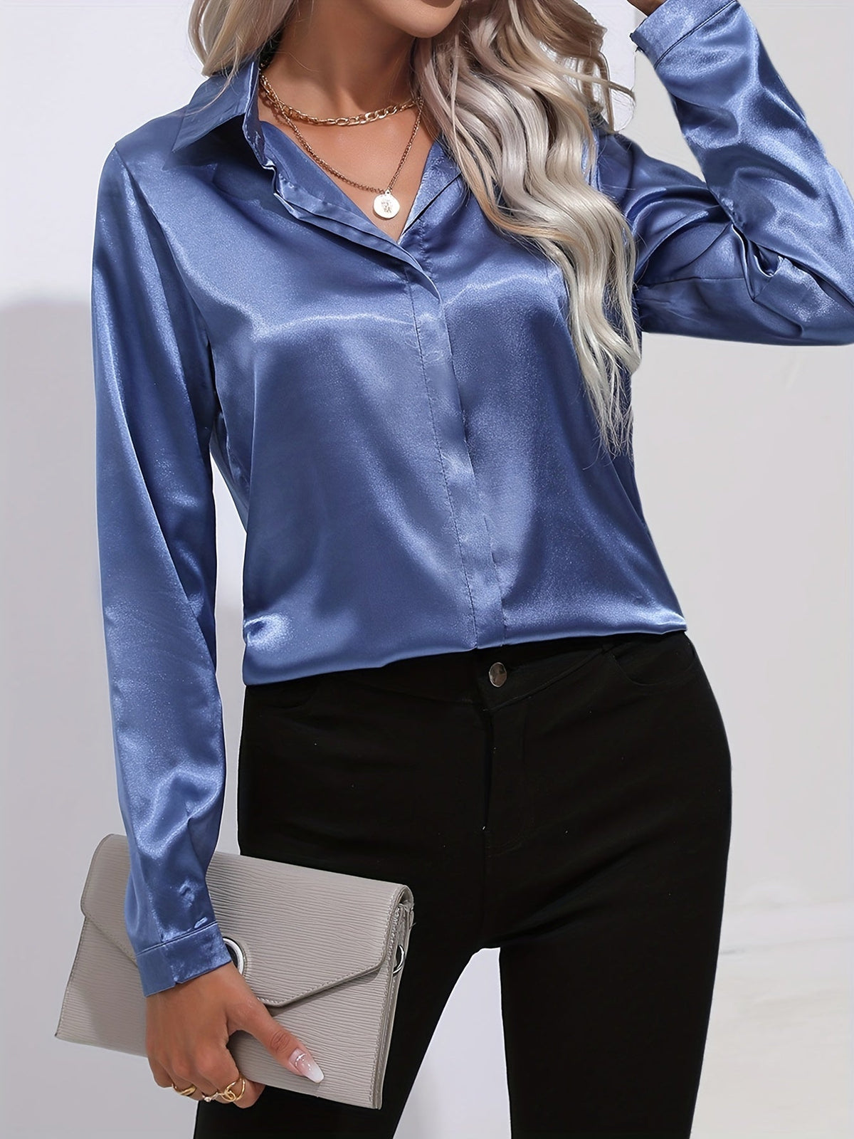 Women's Collared Shirt with Long Sleeves and Concealed Placket in Blue