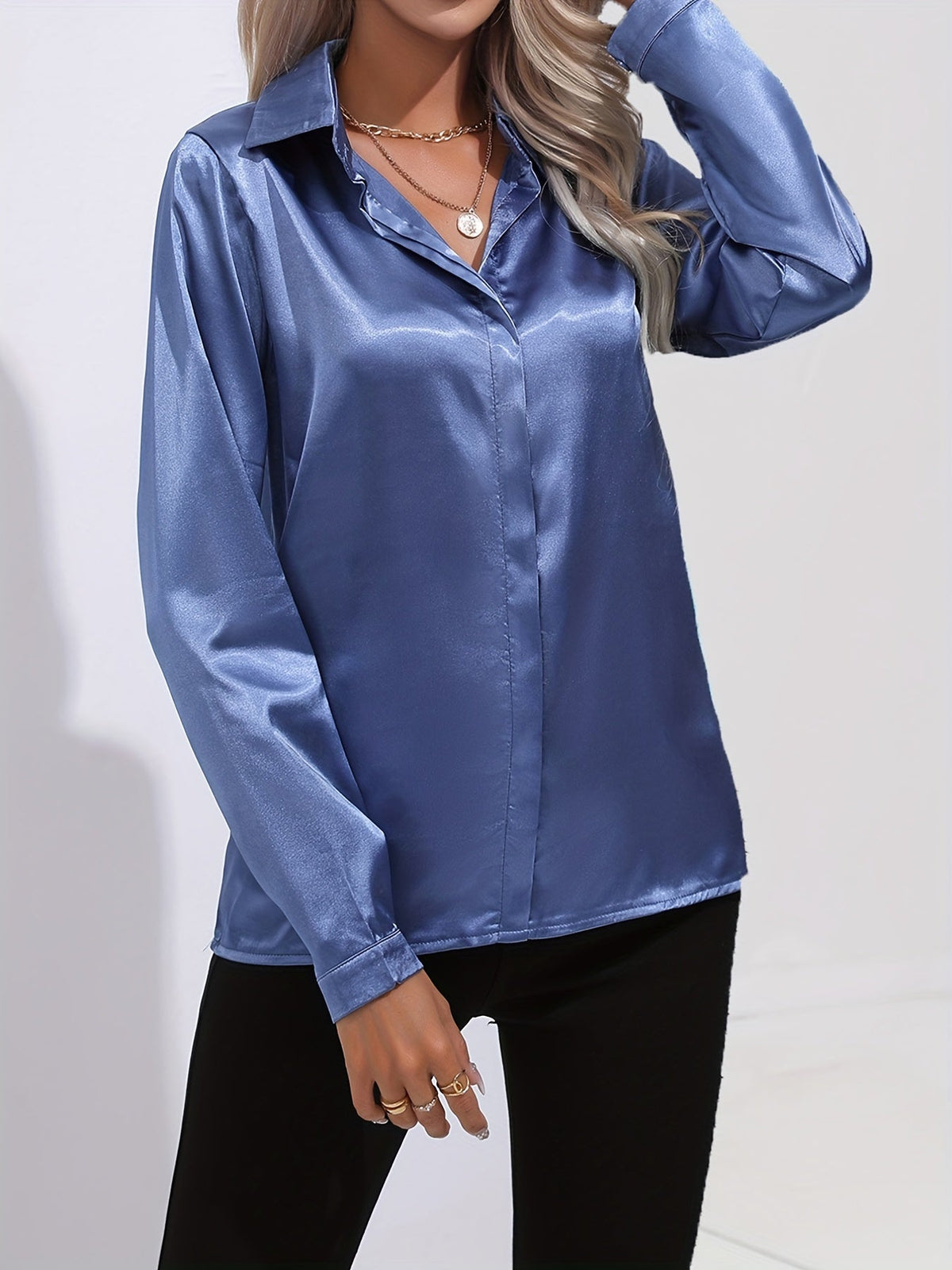 Women's Collared Shirt with Long Sleeves and Concealed Placket in Blue