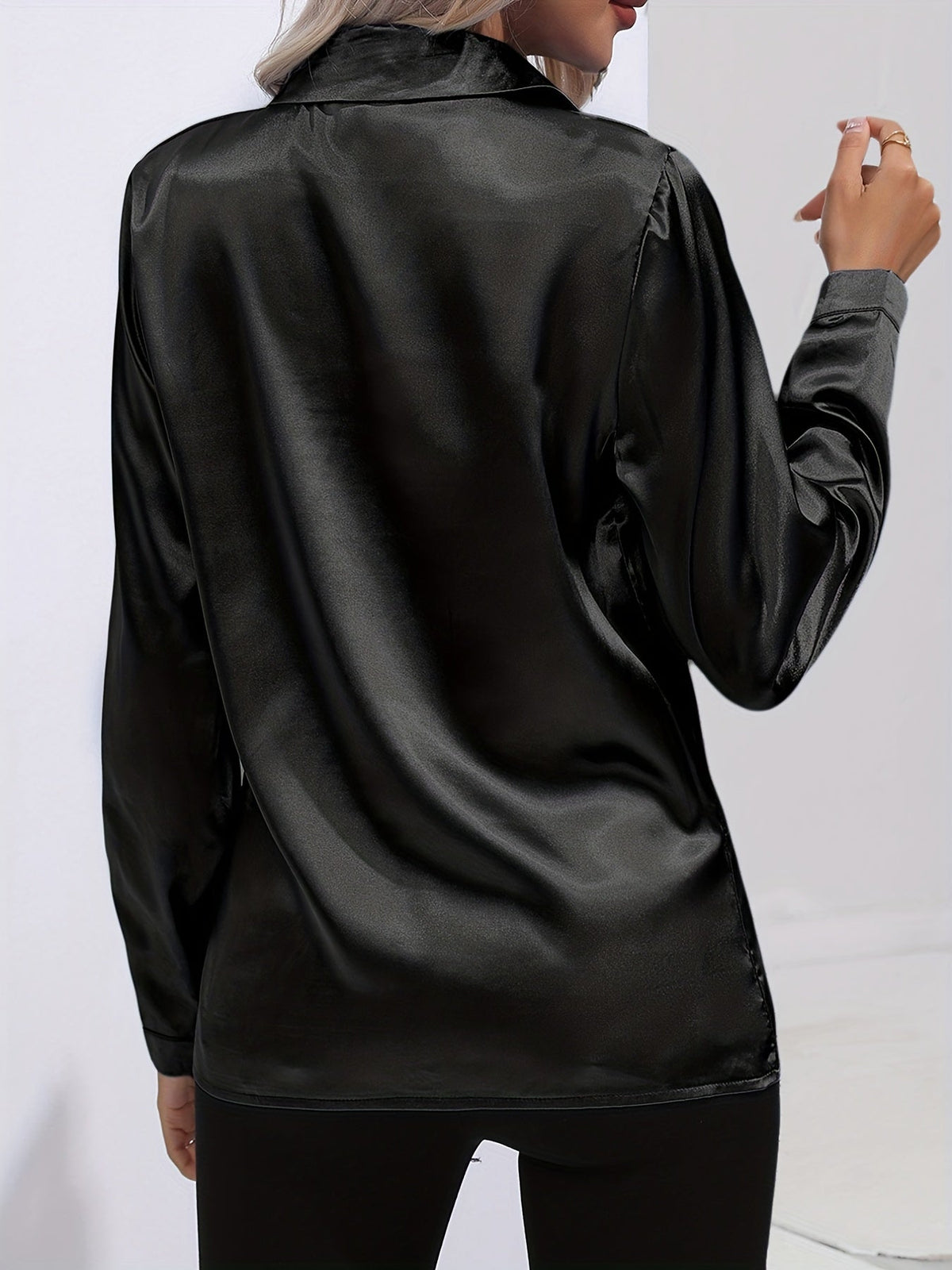 Women's Collared Shirt with Long Sleeves and Concealed Placket in Black