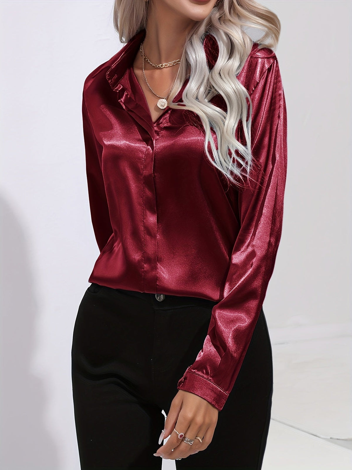 Women's Collared Shirt with Long Sleeves and Concealed Placket in Dark Red