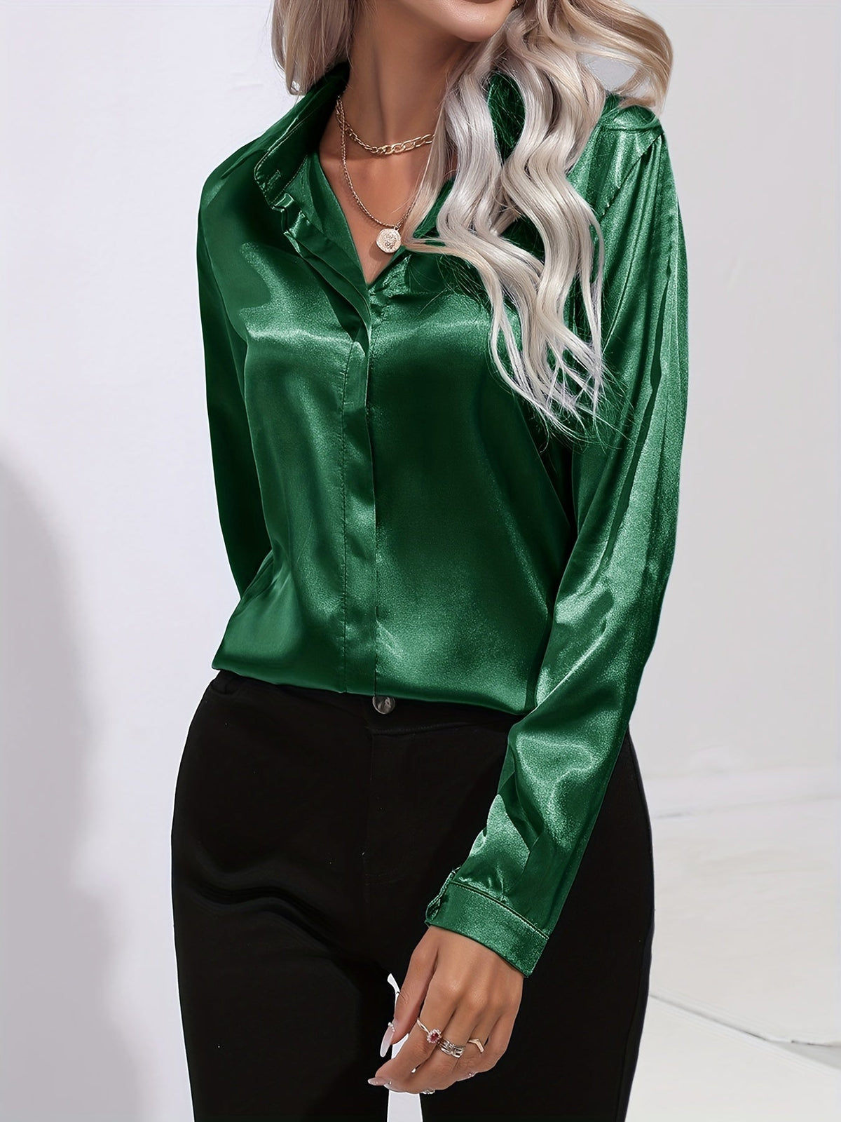 Women's Collared Shirt with Long Sleeves and Concealed Placket in Dark Green