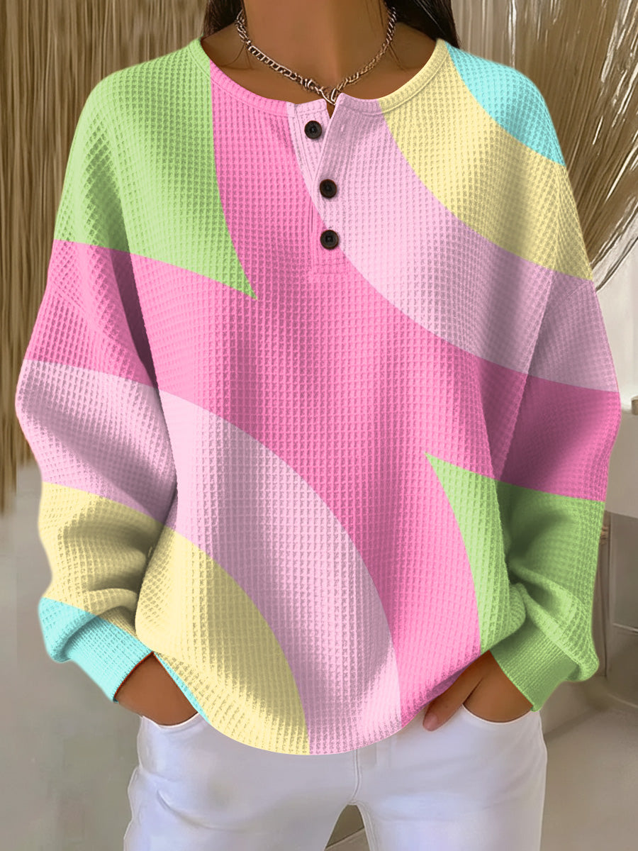 Women's Colour Block Blouse with Button Placket, Long Sleeves in Pink