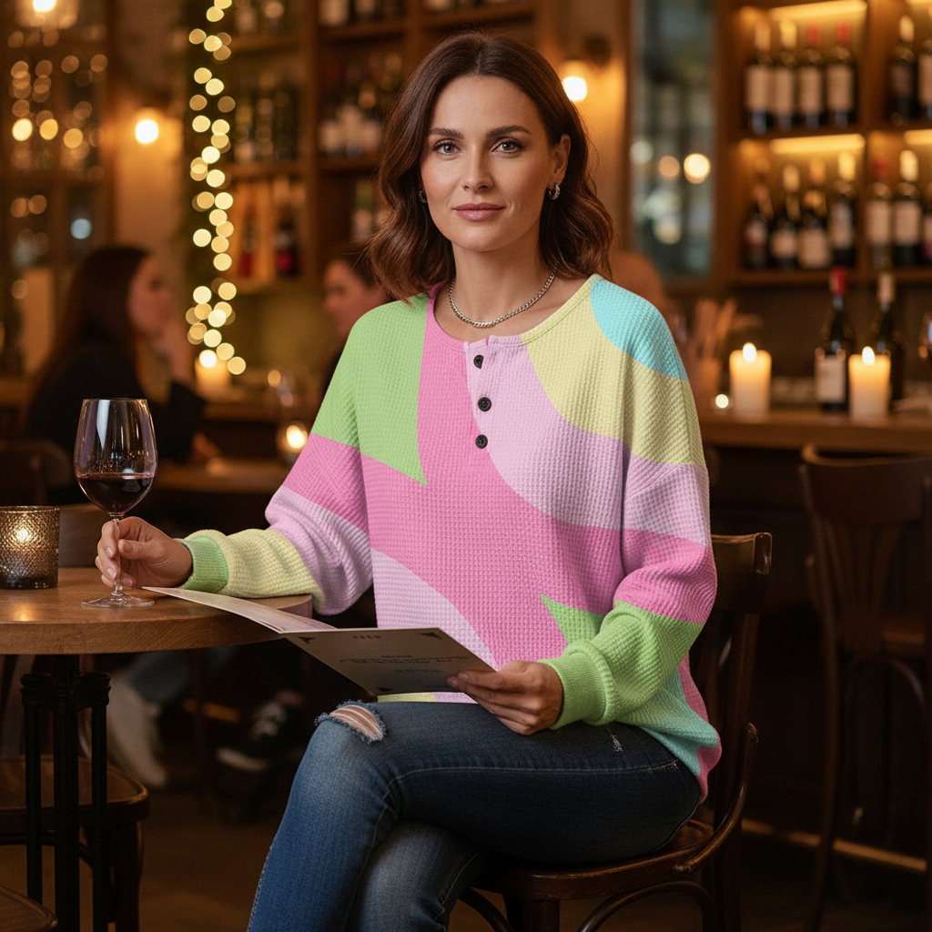 Women's Colour Block Blouse with Button Placket, Long Sleeves in Pink