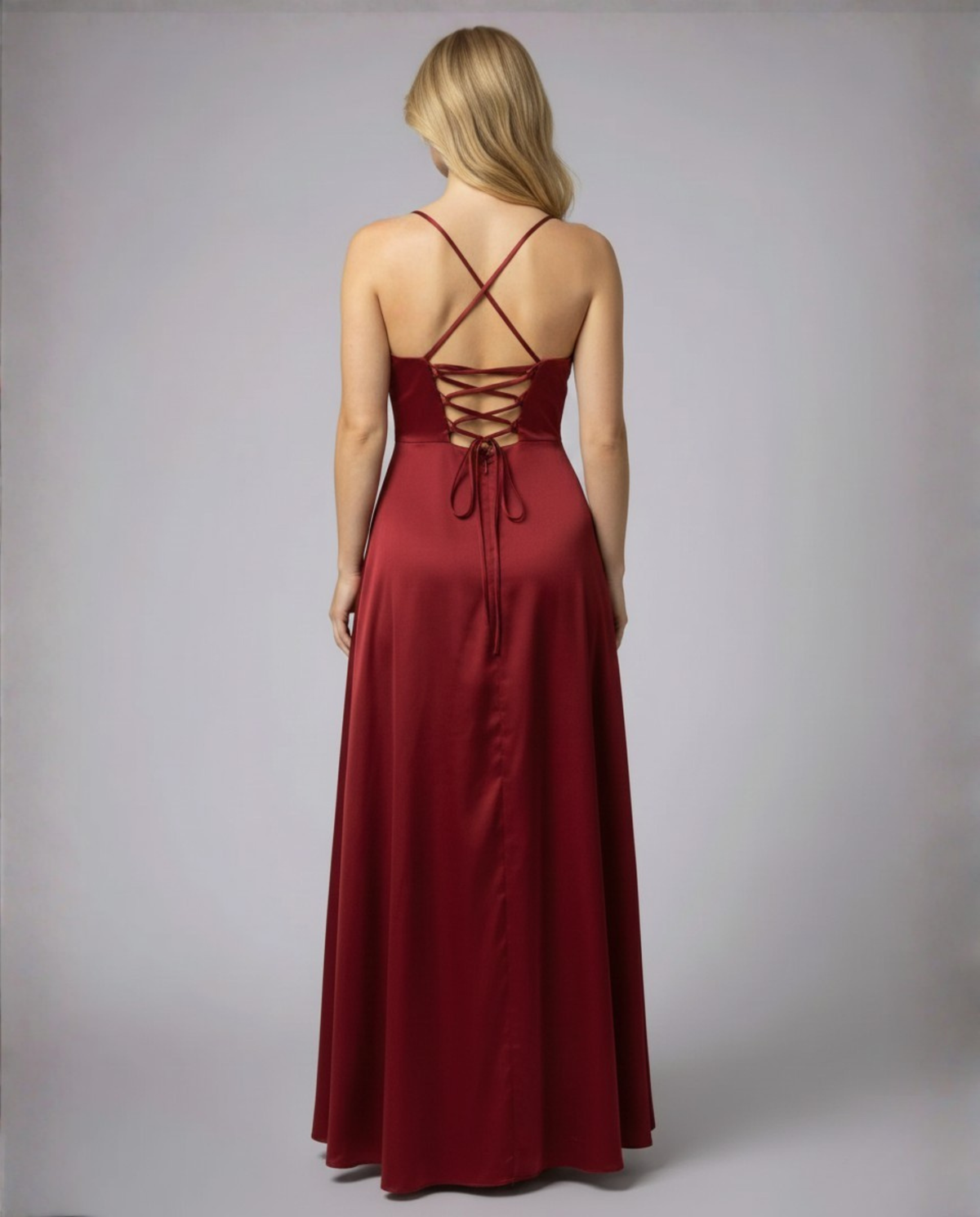 Women's Cowl Neck Maxi Dress with Thin Straps and Side Slit in Red