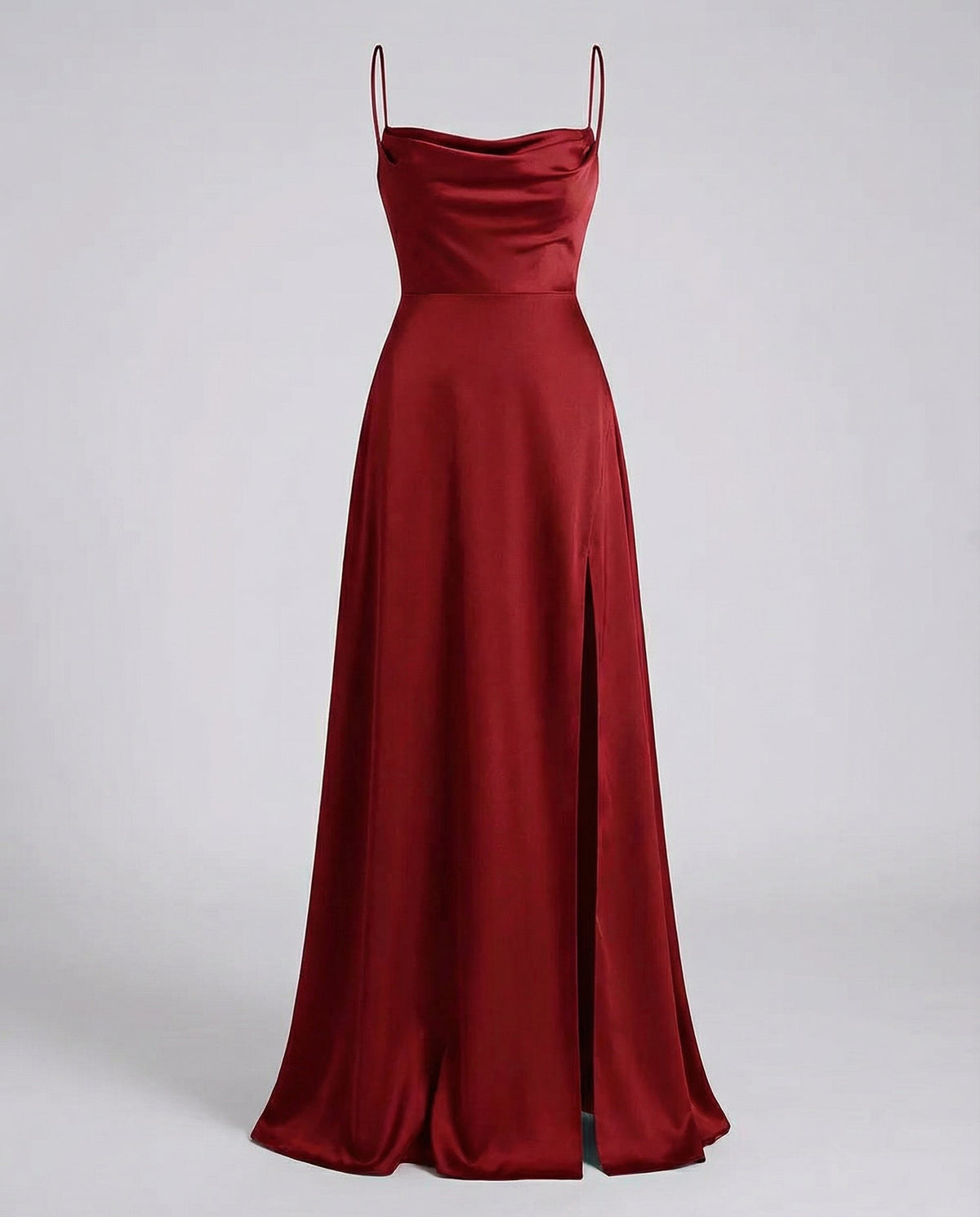 Women's Cowl Neck Maxi Dress with Thin Straps and Side Slit in Red