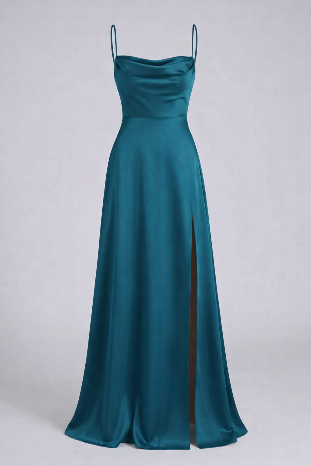 Women's Cowl Neck Maxi Dress with Thin Straps and Side Slit in Blue